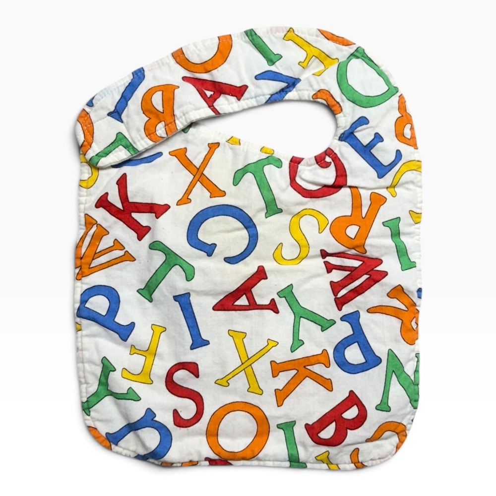 Vintage Style Quilted Baby Bib Alphabet Letter Print Primary Colors Multicolor